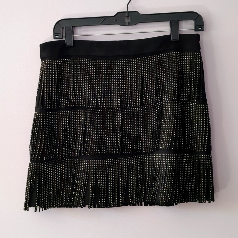NWOT Black Fringe Studded Mini Skirt, Size L🖤